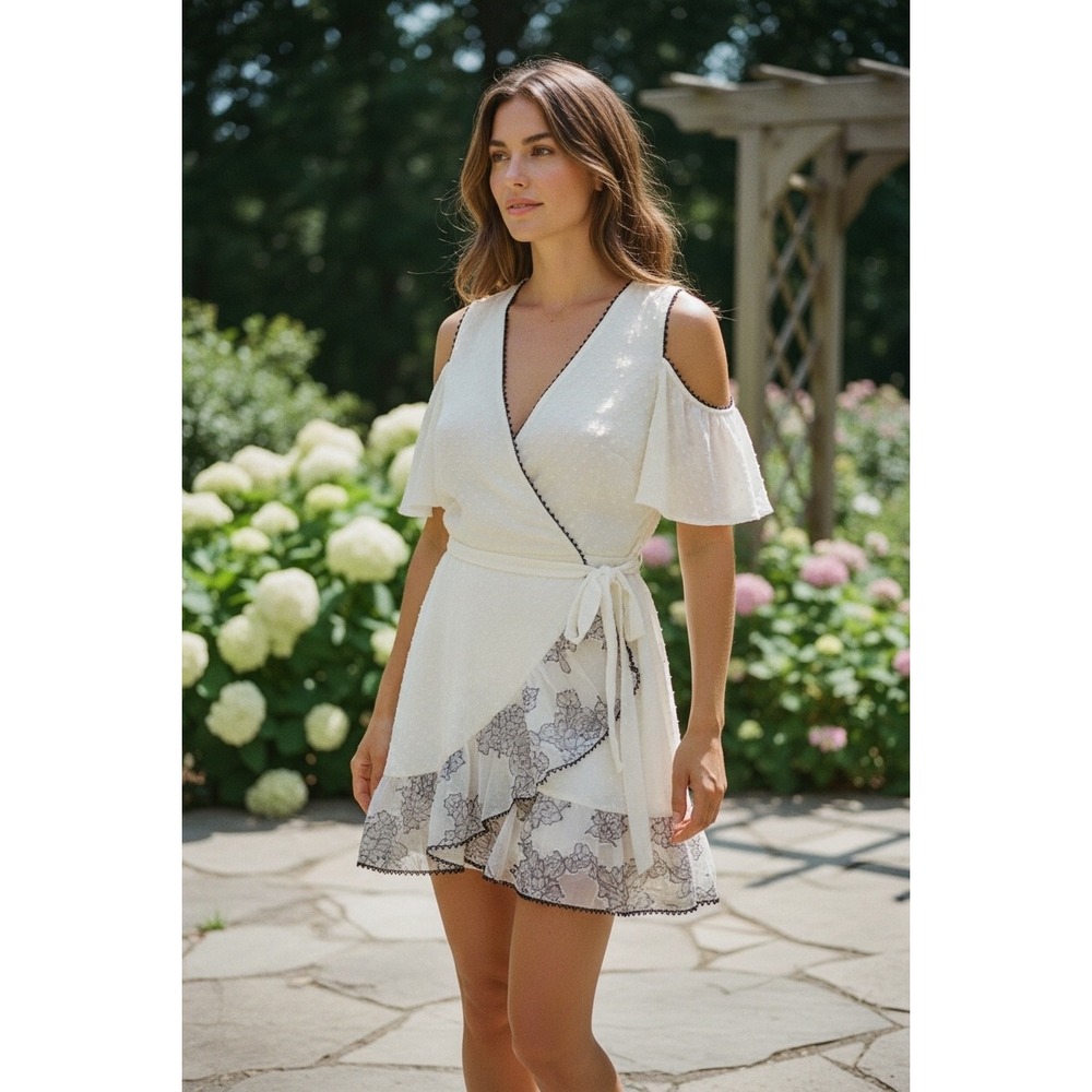 foxiedox White Cold-Shoulder Wrap Dress with Lace Trim